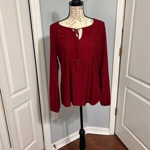 Daniel Rainn Burgundy Pleated Tassel Tie Knit Top Womens Large Boho